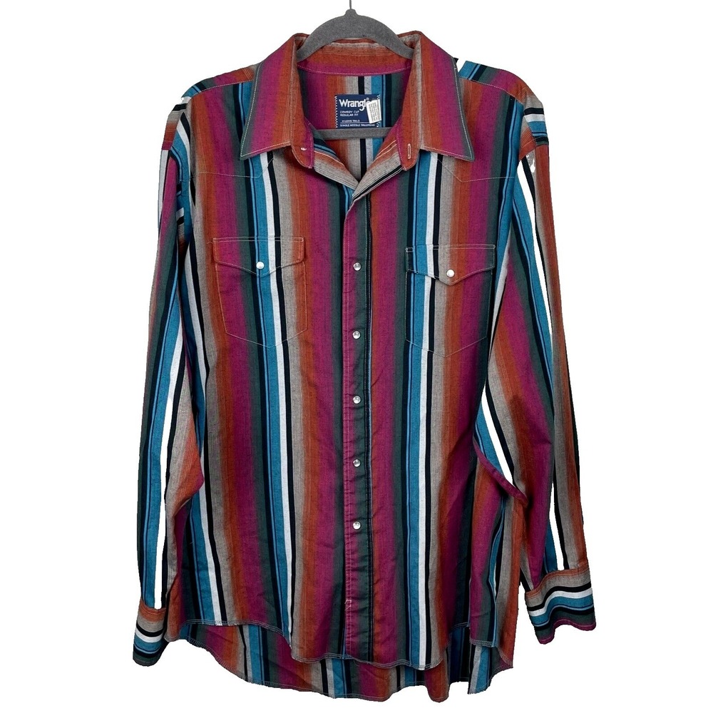 Vintage Wrangler Cowboy Cut Brushpopper Pearl Snap Shirt Men's 18 x 36 Striped